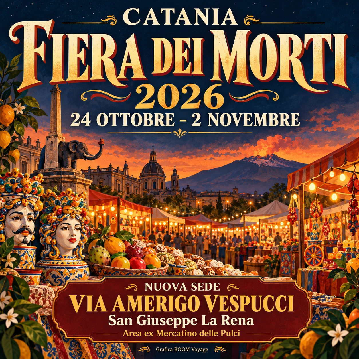 Grafica BOOM Voyage realizzata con AI: Fiera dei Morti 2026 — Catania